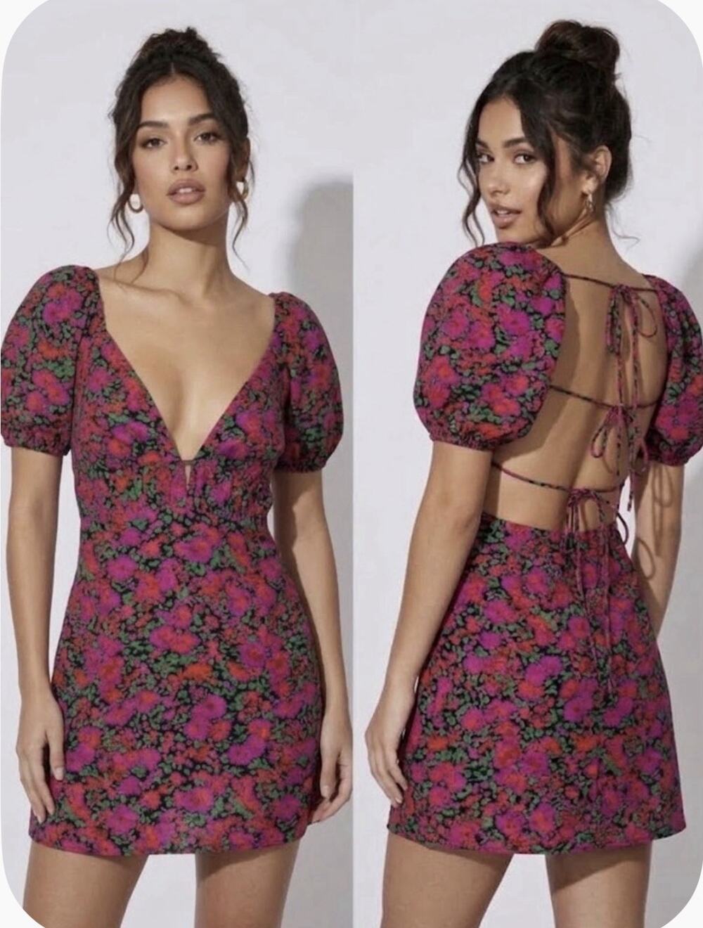 Hello Molly Floral Mini Dress Open Back Puff Short Sleeve Party Summer NWT 4